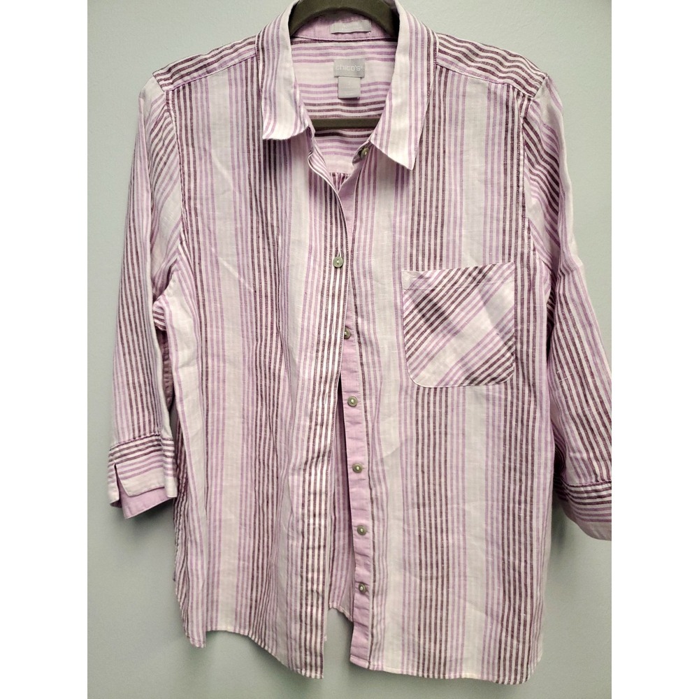 Chico's No Iron Linen Button Down Shirt Size 3 (16) Purple Stripe Beach Coastal